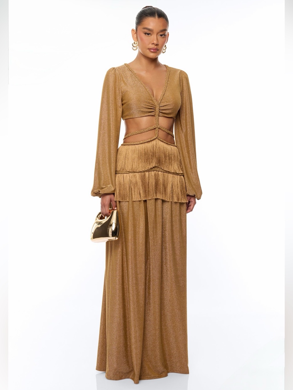 Metallic Gold Tiered Maxi Skirt - Women's Evening Maxi